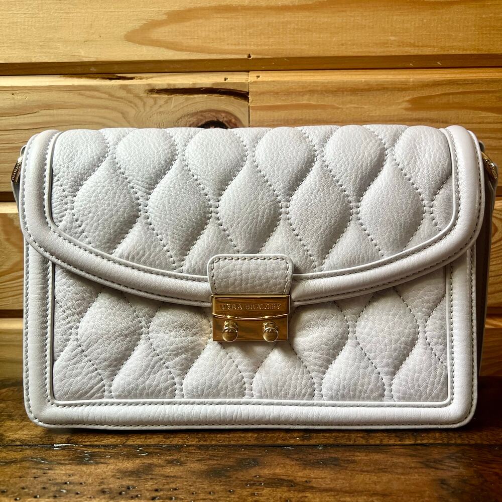 Vera Bradley Tess Quilted Leather Crossbody Bag Gray Floral Lined Purse Gold